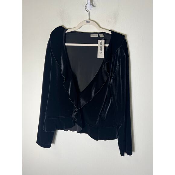 Chico's Sweaters - NWT Chicos Black Long Sleeve Velour Ruffle Cardigan Sz 3